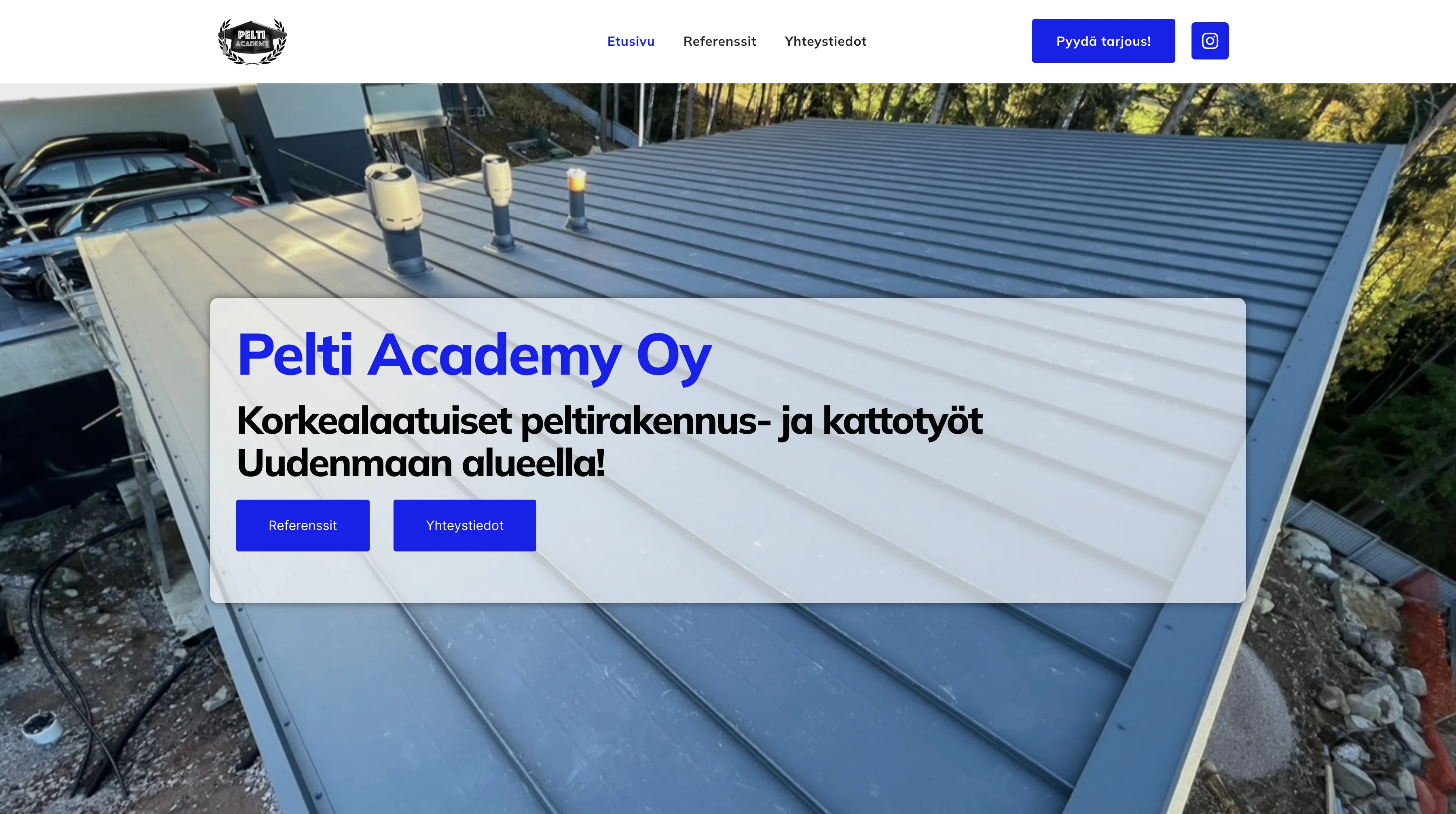 Pelti Academy Oy:n verkkosivuston etusivu