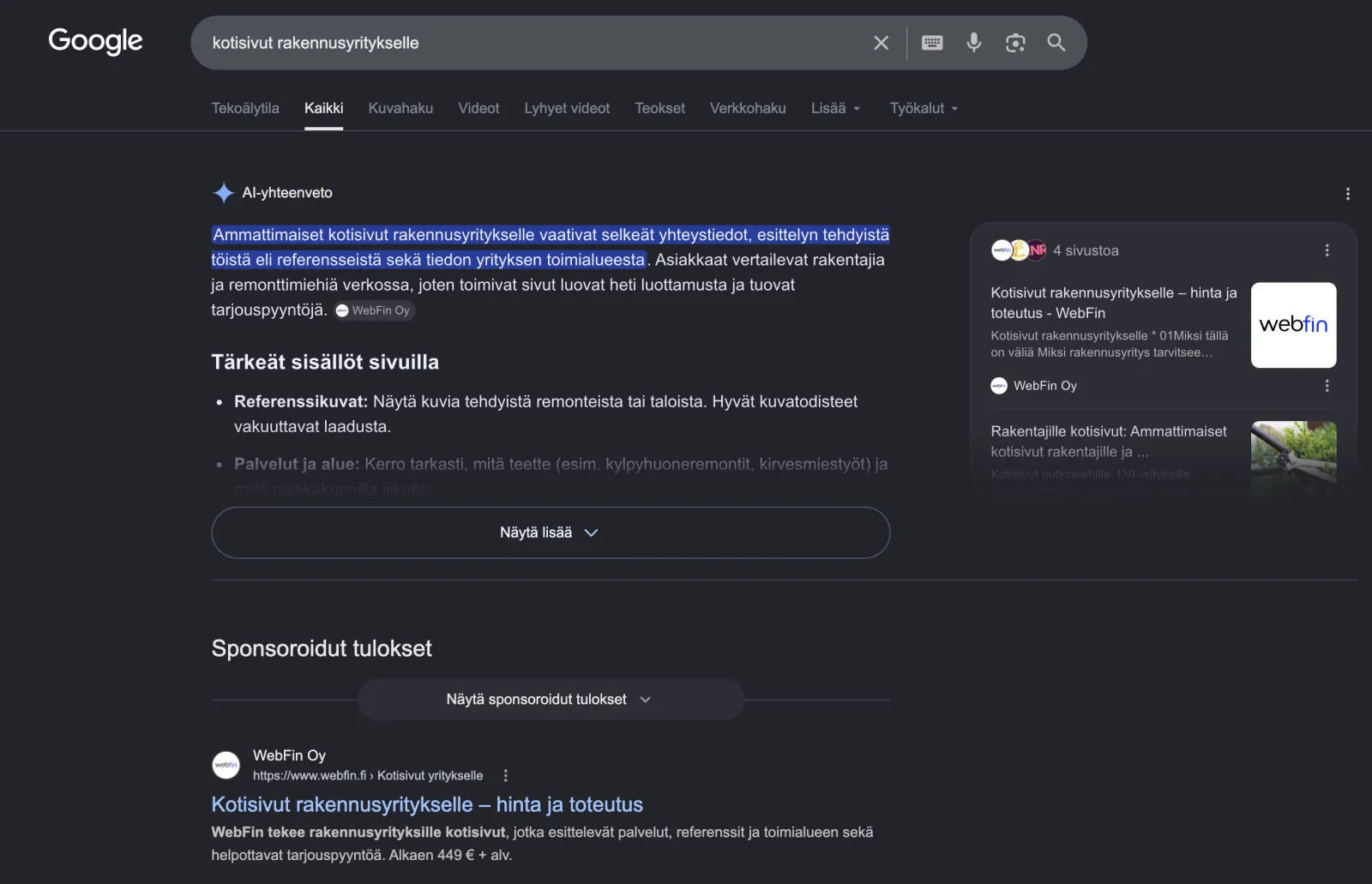 Google-haku kotisivut rakennusyritykselle, jossa WebFin näkyy AI-yhteenvedossa ja ensimmäisenä orgaanisena tuloksena