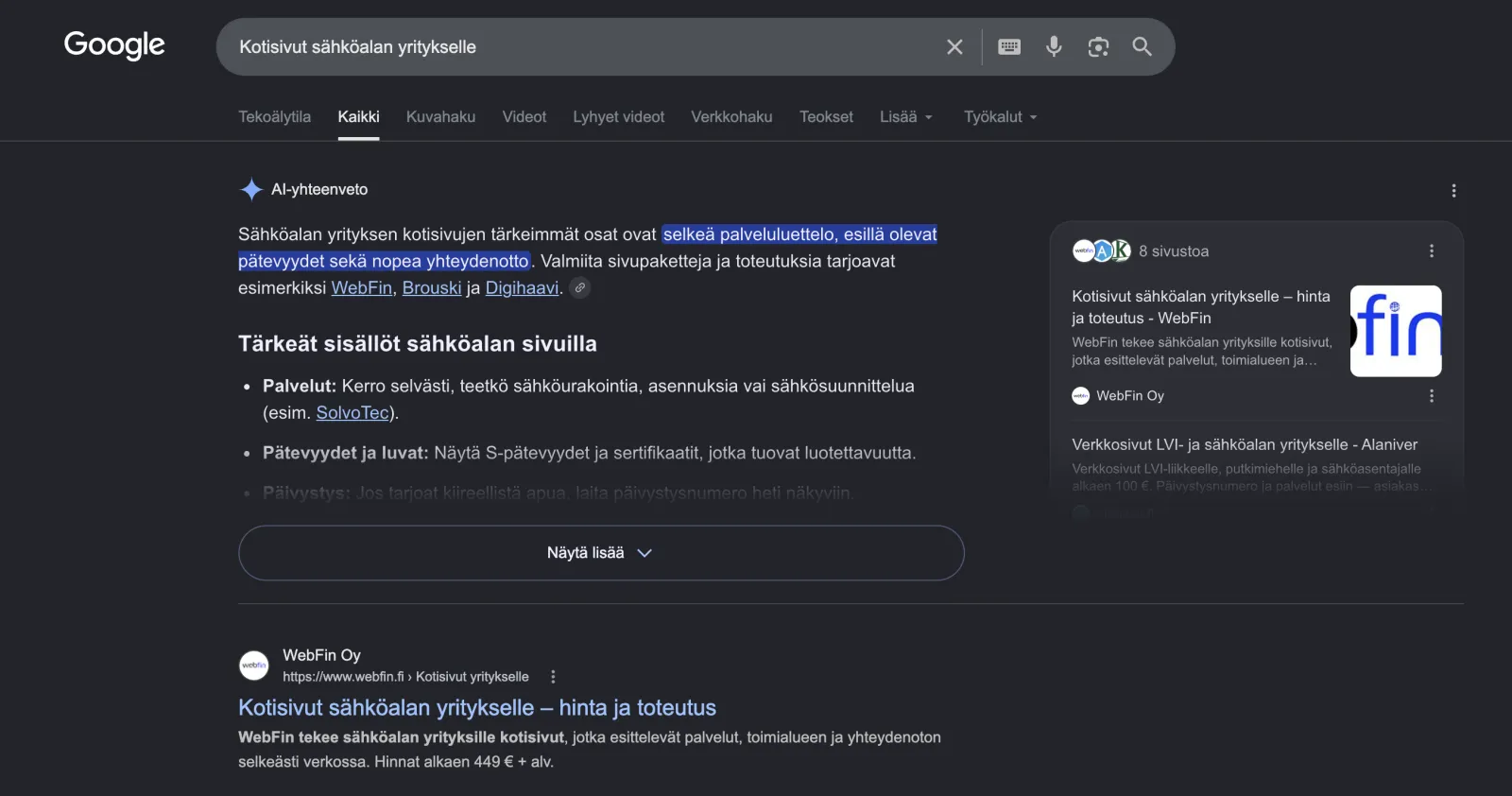 Google-haku kotisivut sähköalan yritykselle, jossa WebFin näkyy AI-yhteenvedossa ja ensimmäisenä orgaanisena tuloksena
