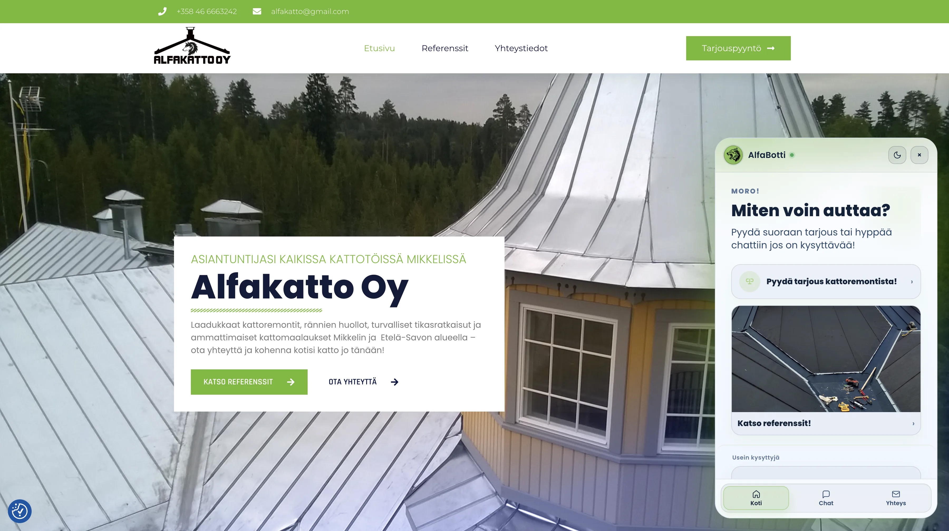 Alfakatto Oy:n verkkosivuston etusivu