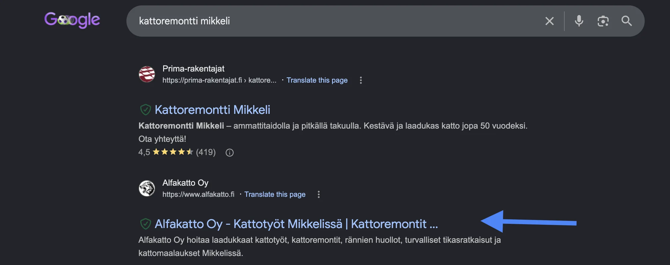 Alfakatto Oy toisena Googlessa haulla kattoremontti mikkeli