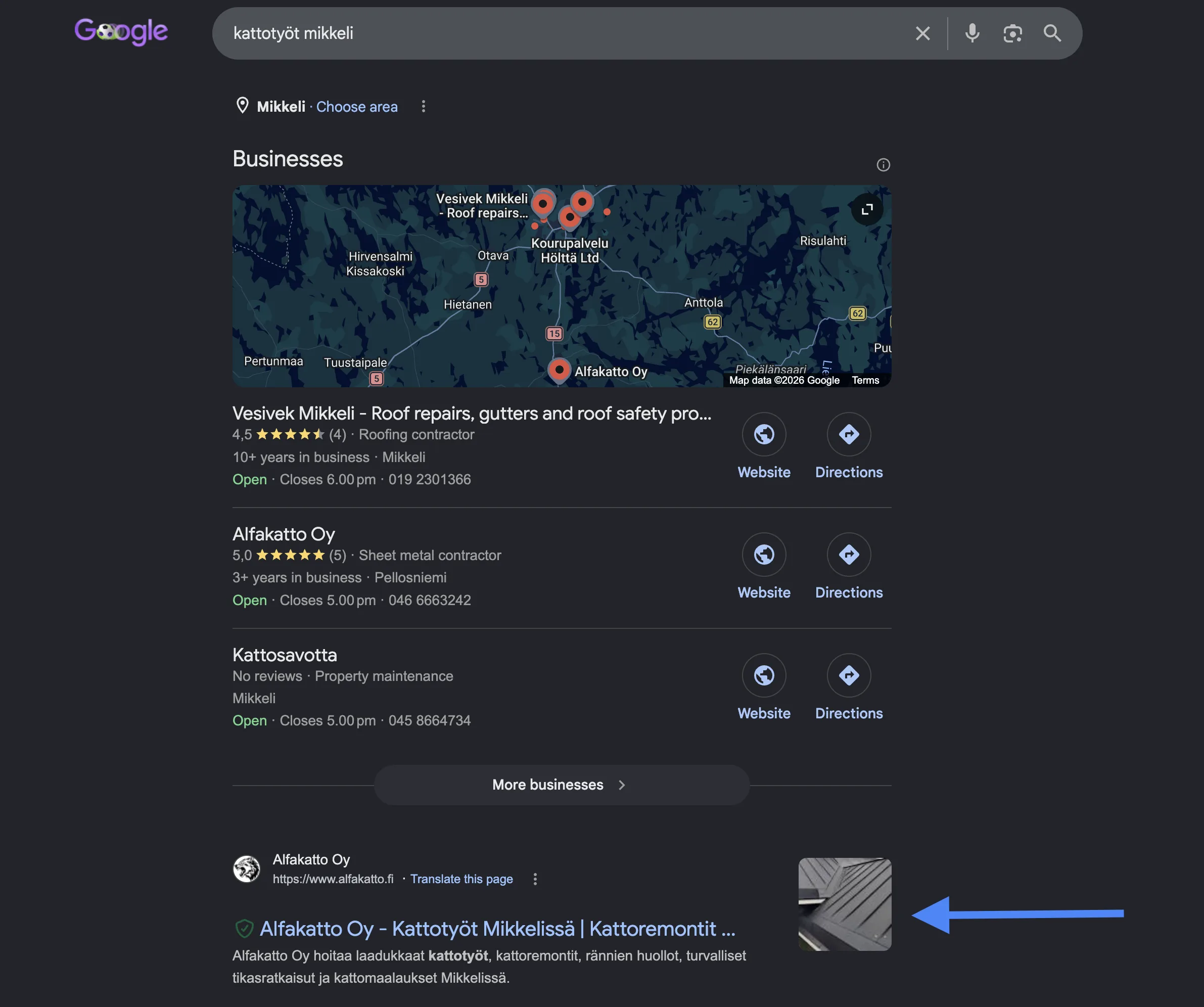 Alfakatto Oy ensimmaisena Googlessa haulla kattotyöt mikkeli