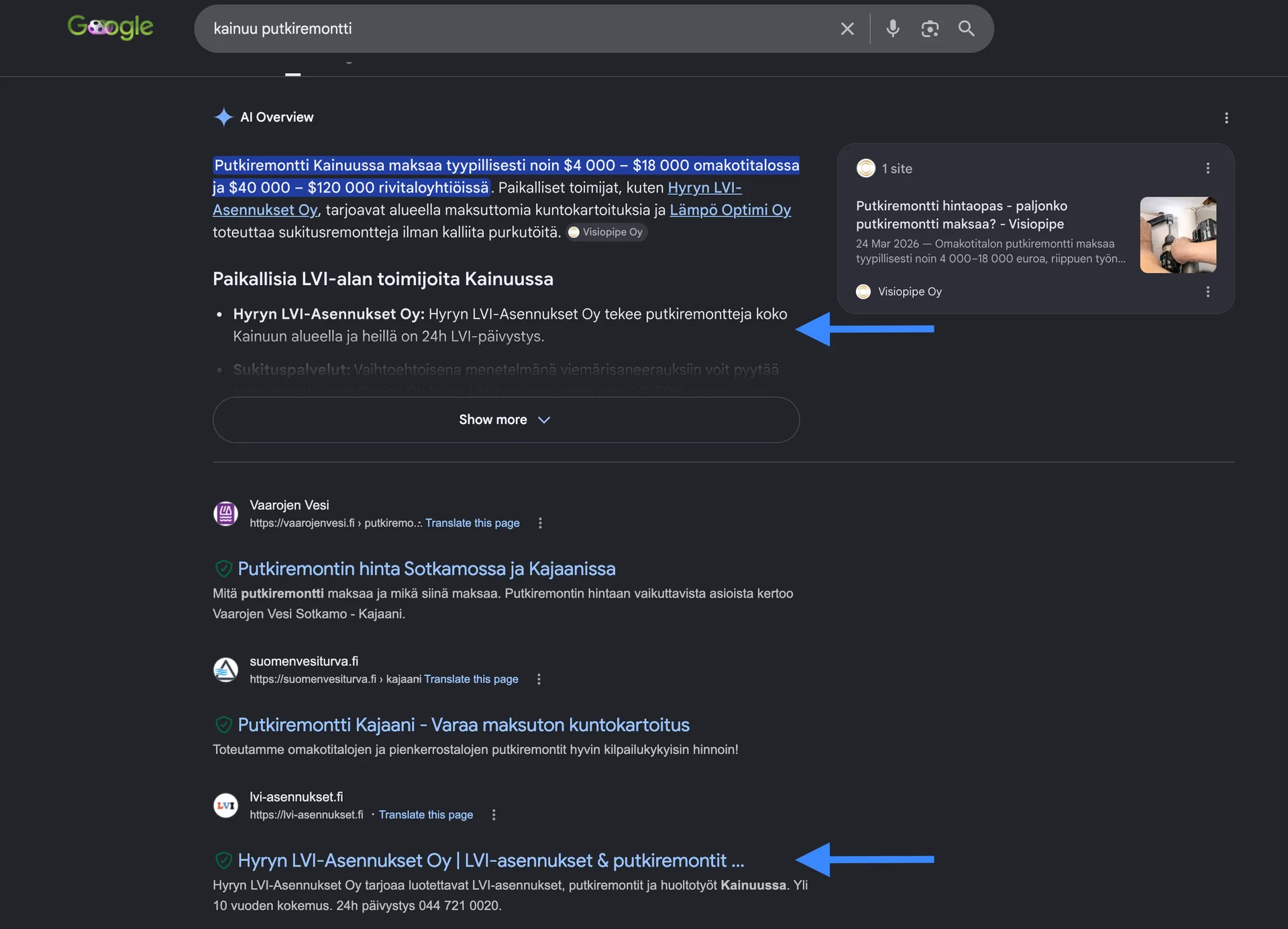 Hyryn LVI-Asennukset Oy Googlen AI Overview -yhteenvedossa haulla kainuu putkiremontti