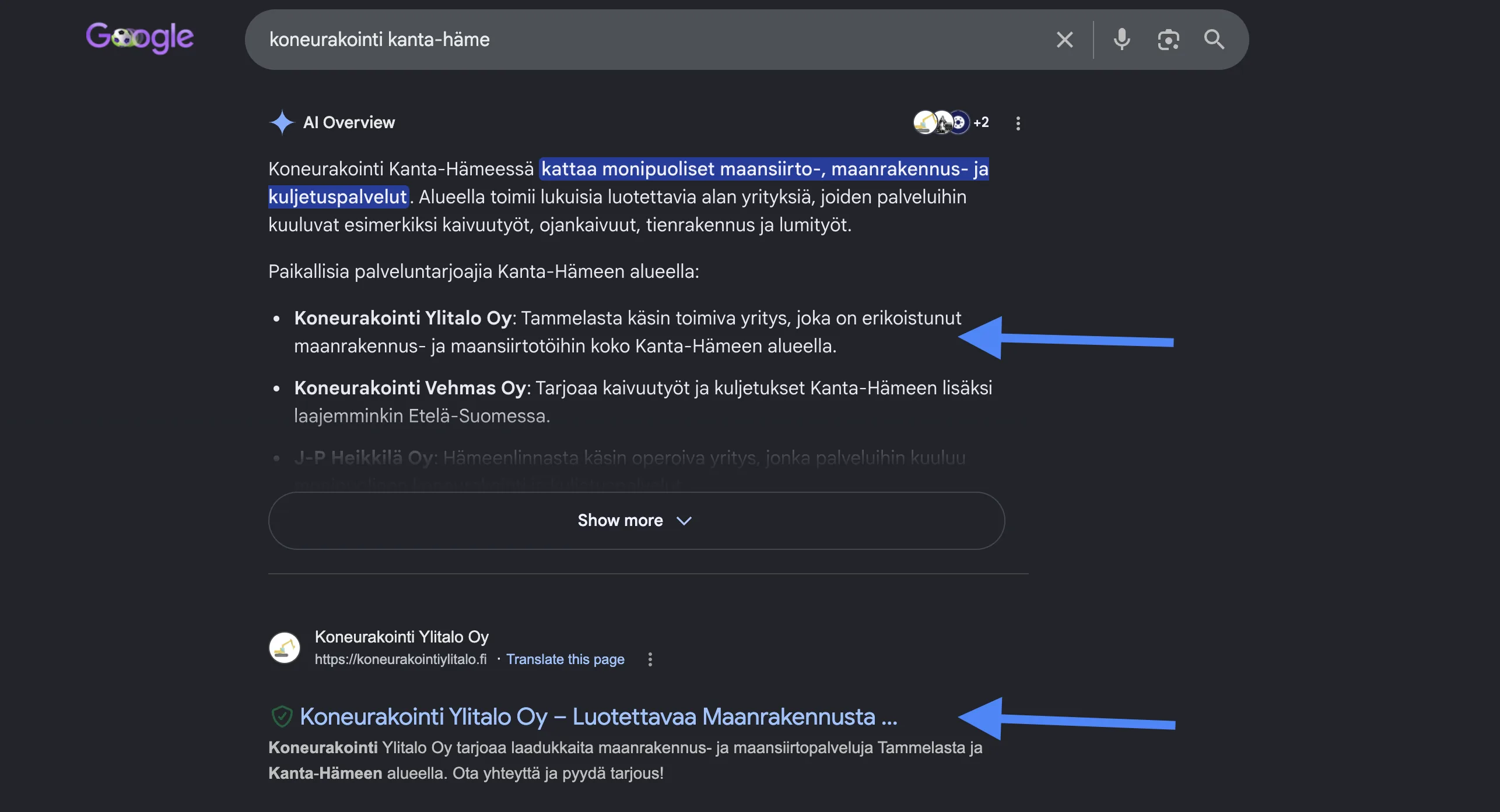 Koneurakointi Ylitalo Oy Googlen AI Overview -yhteenvedossa ja ensimmäisenä haulla koneurakointi kanta-häme
