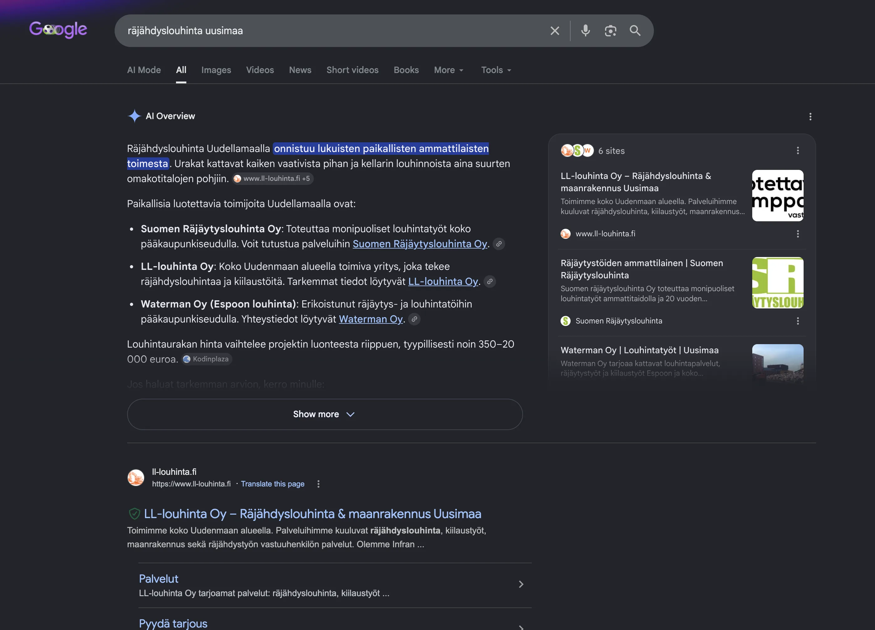 LL-Louhinta Oy Googlen AI Overview -yhteenvedossa ja ensimmäisenä haulla räjähdyslouhinta uusimaa