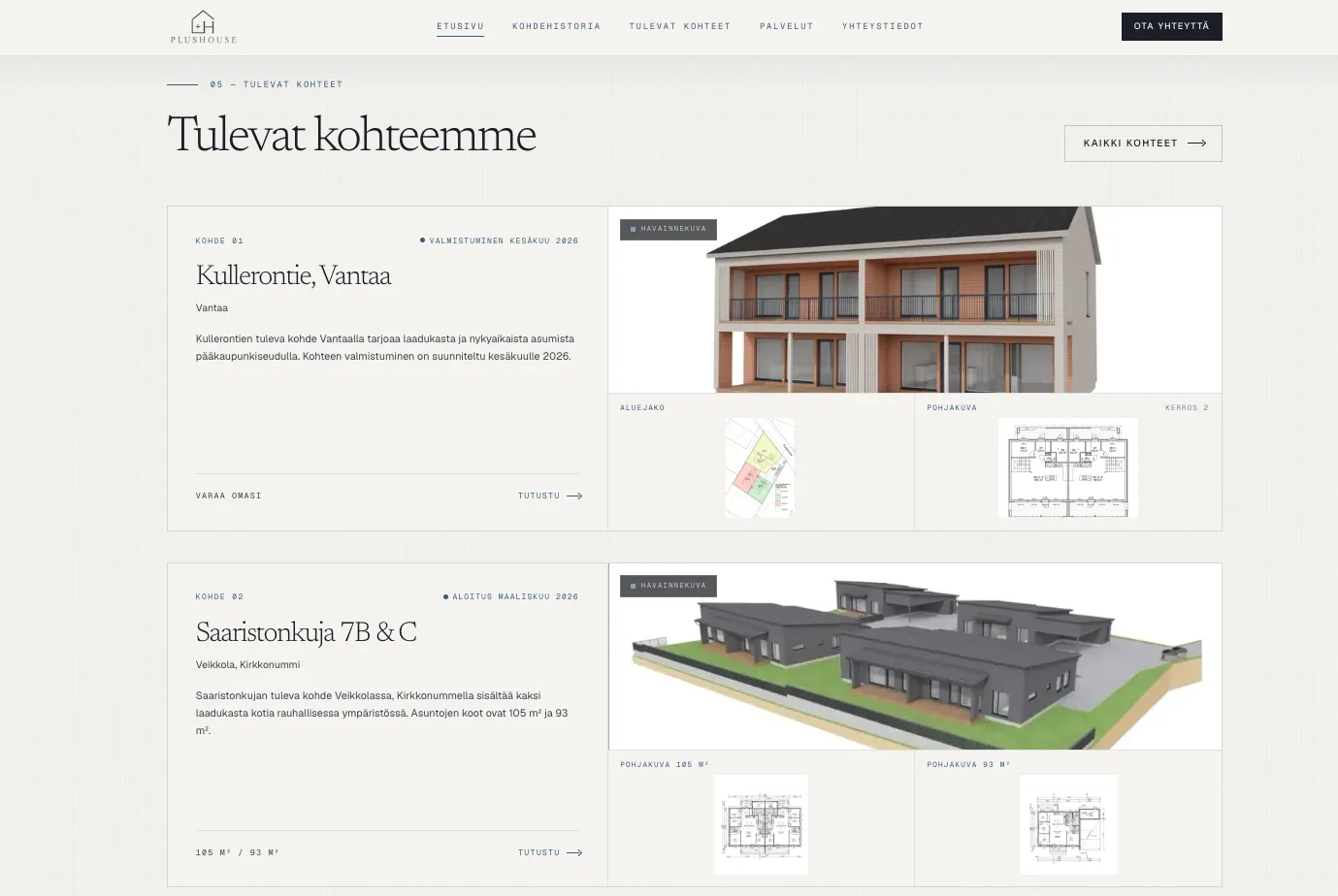 PlusHouse Oy:n uuden verkkosivuston tulevat kohteet -sivu