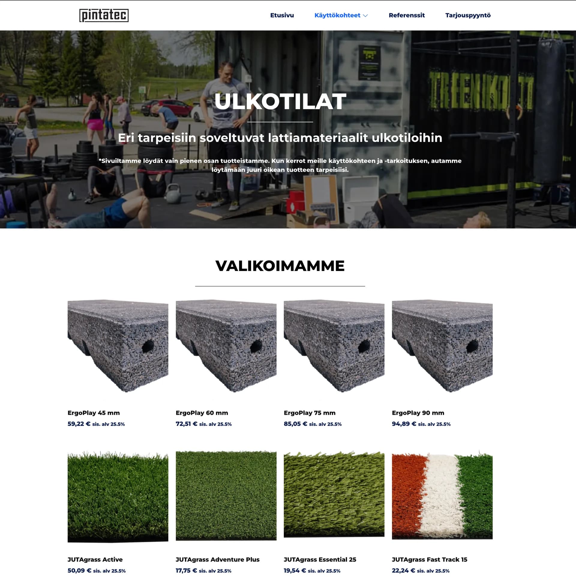 Pintatecin valikoimasivu eri lattiamateriaaleille