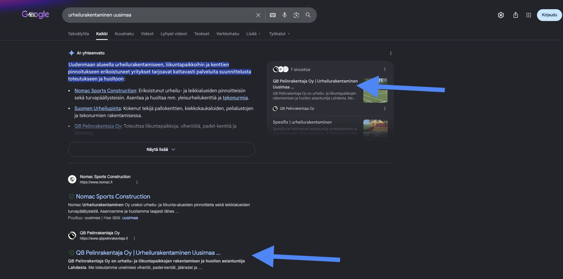 QB Pelinrakentaja Oy Googlen AI Overview -yhteenvedossa ja toisella sijalla haulla urheilurakentaminen uusimaa